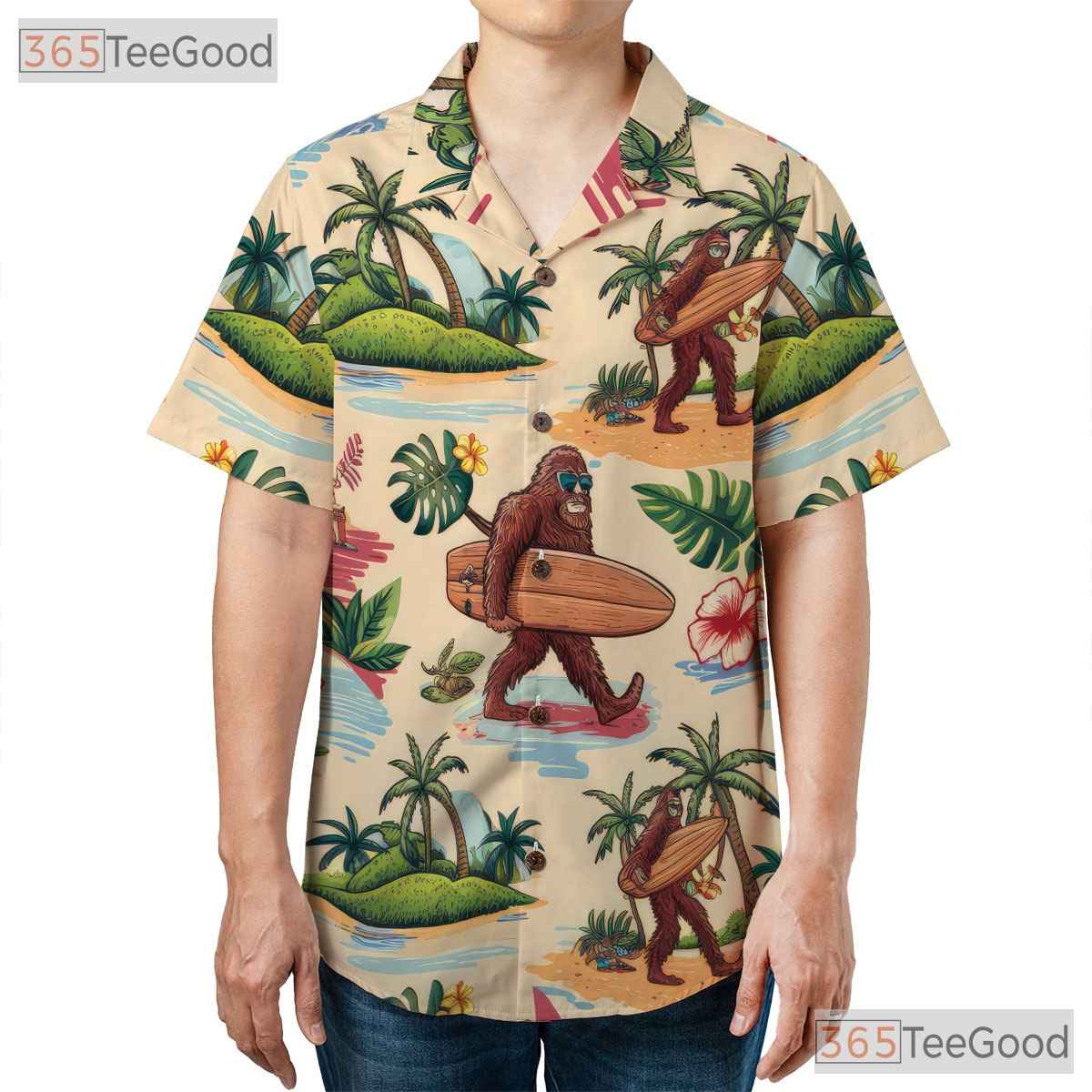 Unisex Tropical Bigfoot Hawaiian Tee - Sunset Palm Trees Beachwear Summer Shirt