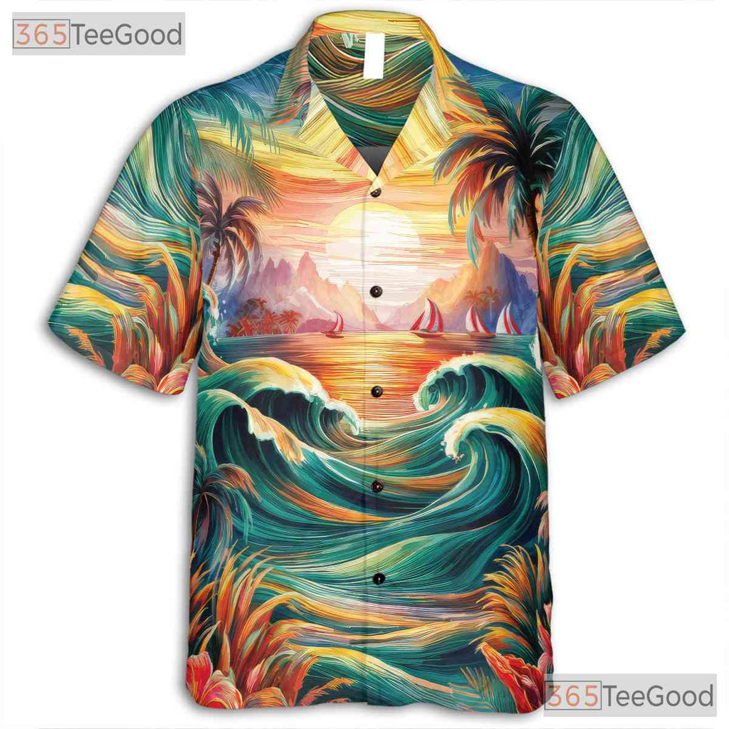 Unisex Tropical Sunset Hawaiian Shirt - Unique Beach Art Summer Wear Aloha Tee