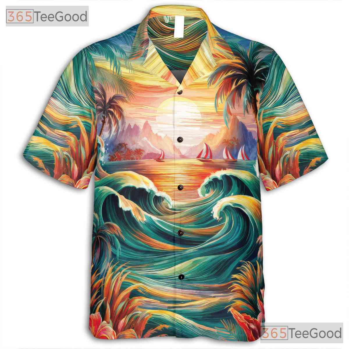 Unisex Tropical Sunset Hawaiian Shirt - Unique Beach Art Summer Wear Aloha Tee