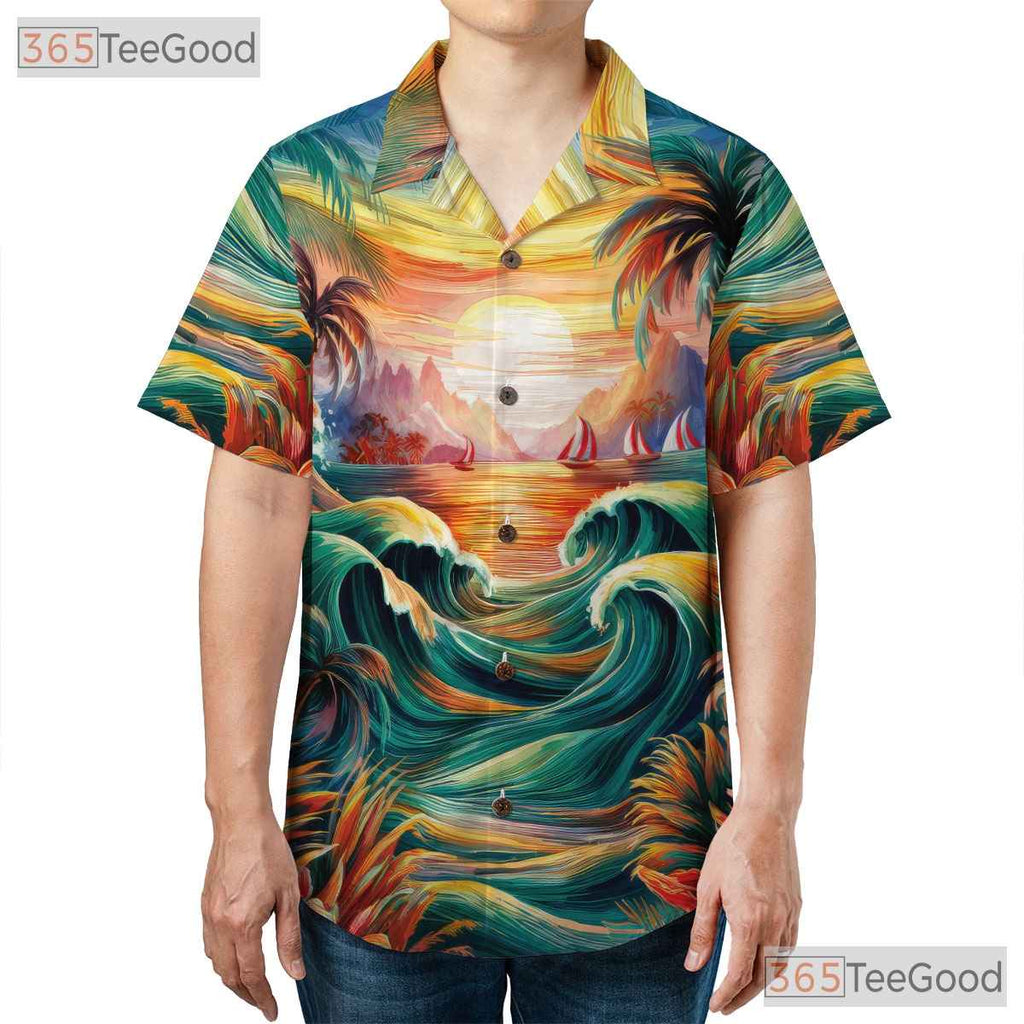 Unisex Tropical Sunset Hawaiian Shirt - Unique Beach Art Summer Wear Aloha Tee