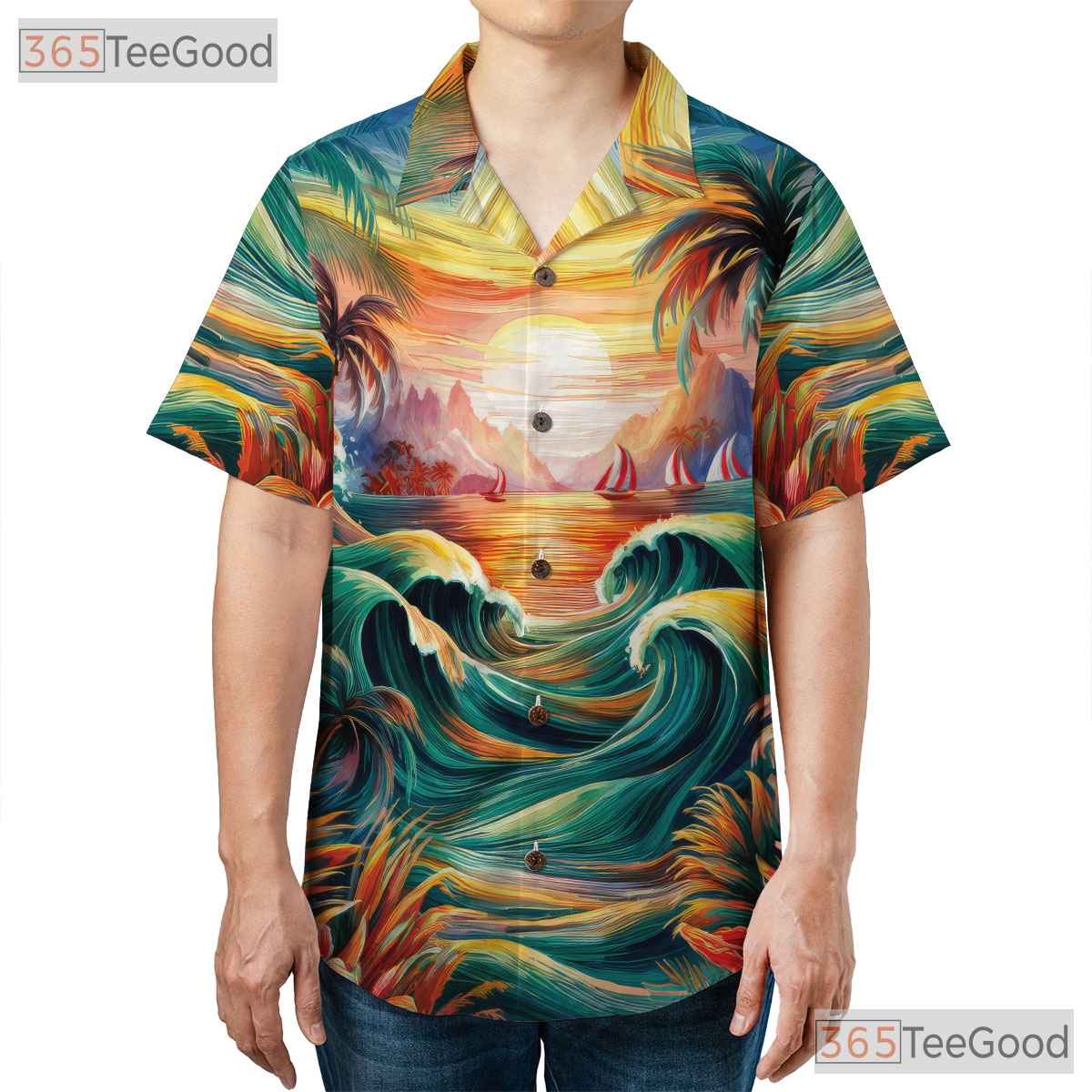 Unisex Tropical Sunset Hawaiian Shirt - Unique Beach Art Summer Wear Aloha Tee