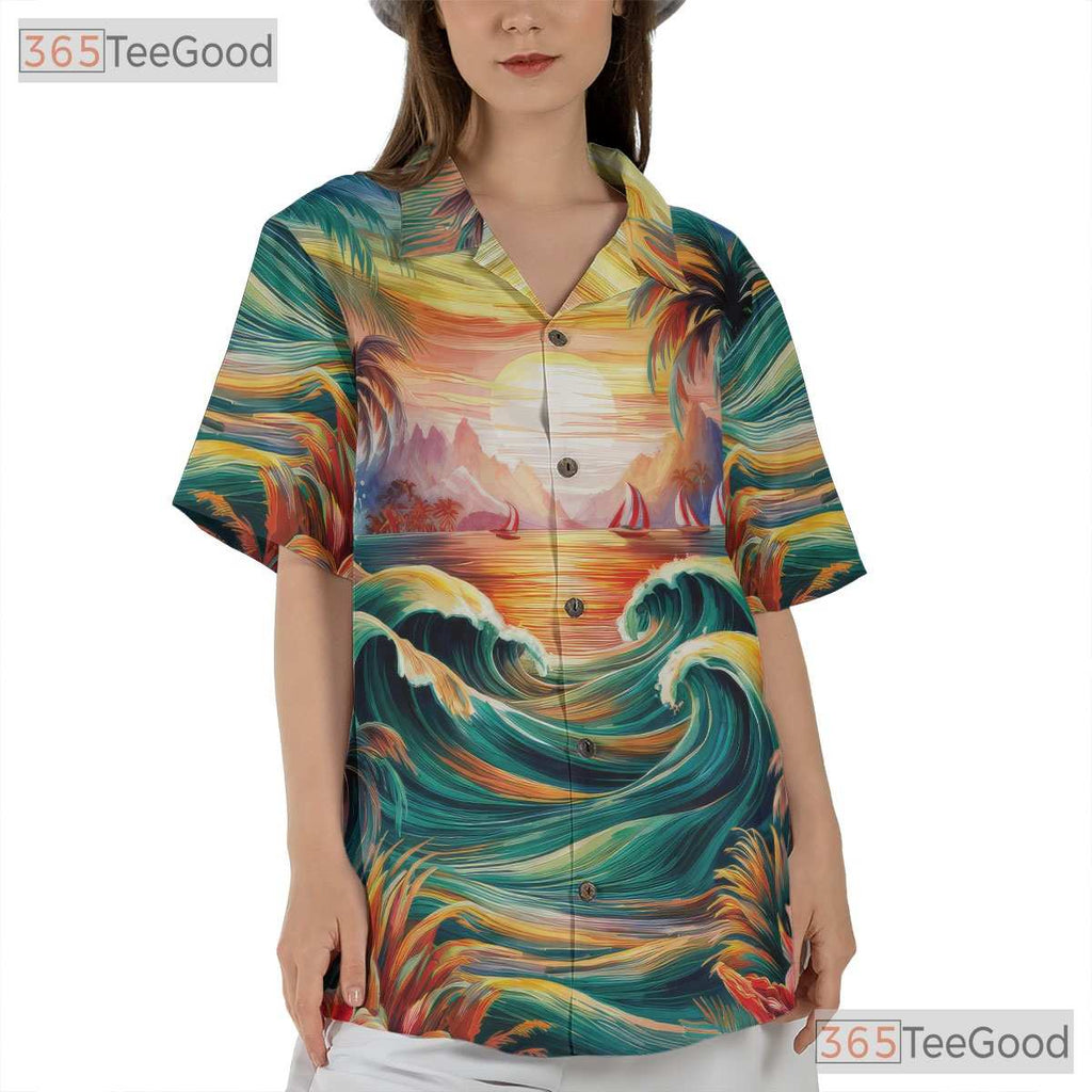 Unisex Tropical Sunset Hawaiian Shirt - Unique Beach Art Summer Wear Aloha Tee