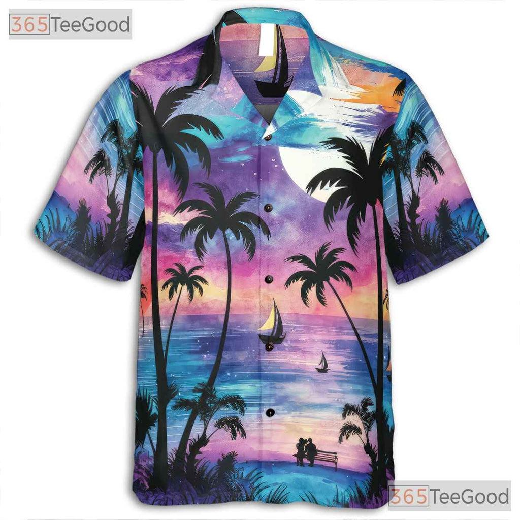 Unisex Tropical Sunset Moonlight Hawaiian Tee - Beach Ocean Night Look
