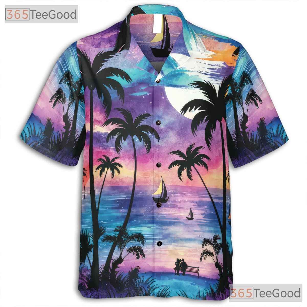 Unisex Tropical Sunset Moonlight Hawaiian Tee - Beach Ocean Night Look