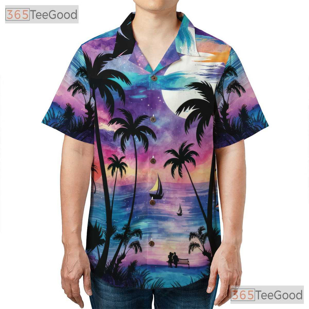 Unisex Tropical Sunset Moonlight Hawaiian Tee - Beach Ocean Night Look