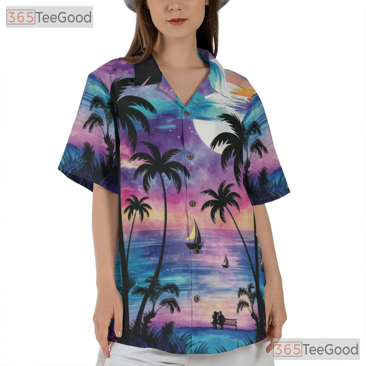 Unisex Tropical Sunset Moonlight Hawaiian Tee - Beach Ocean Night Look