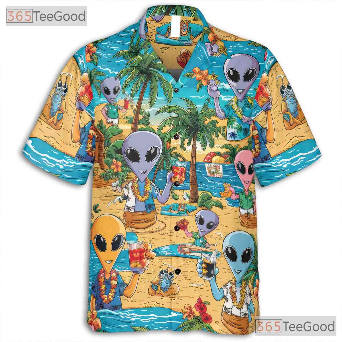 Unisex Tropical UFO Alien Hawaiian Tee - Funny Summer Beach Party Outfit