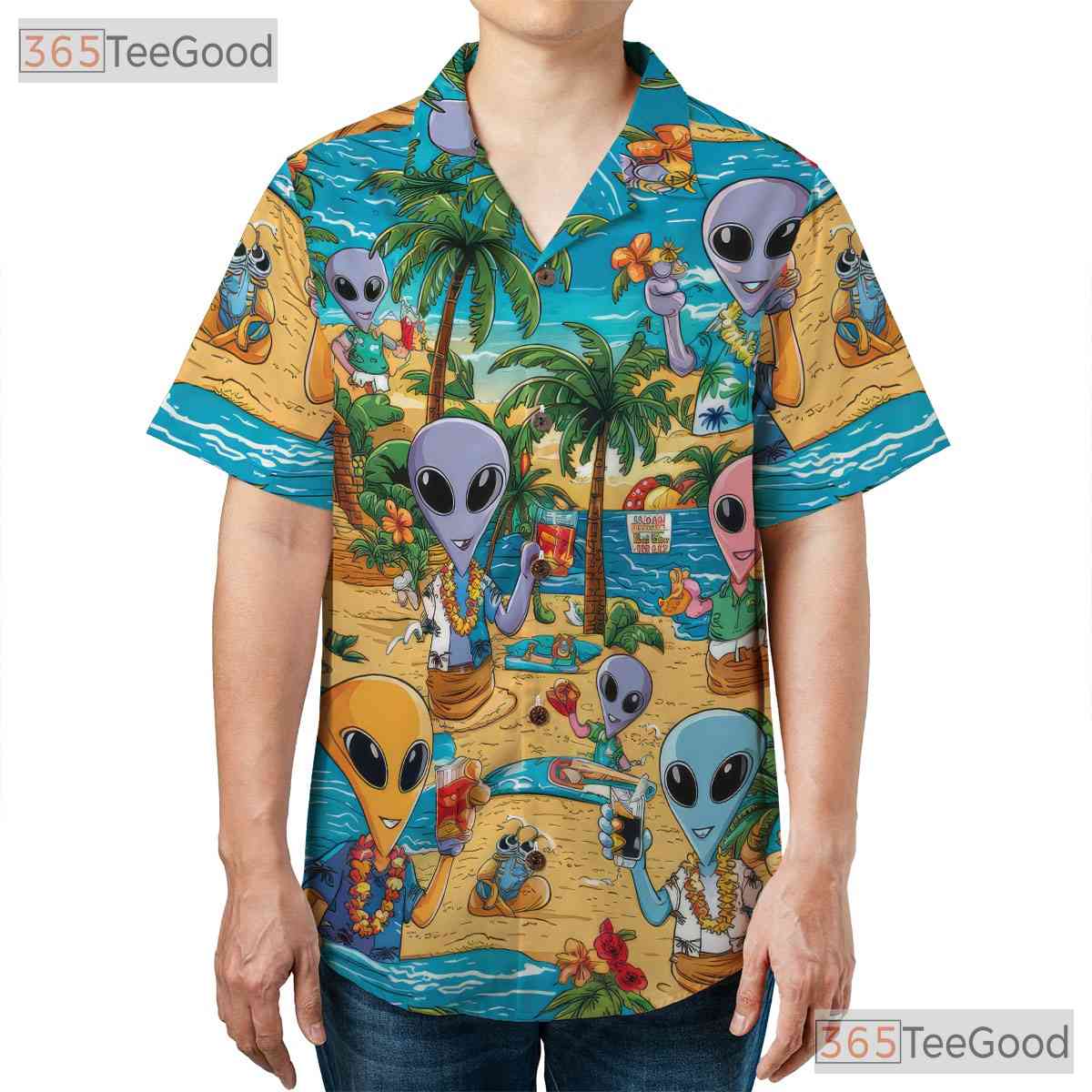 Unisex Tropical UFO Alien Hawaiian Tee - Funny Summer Beach Party Outfit
