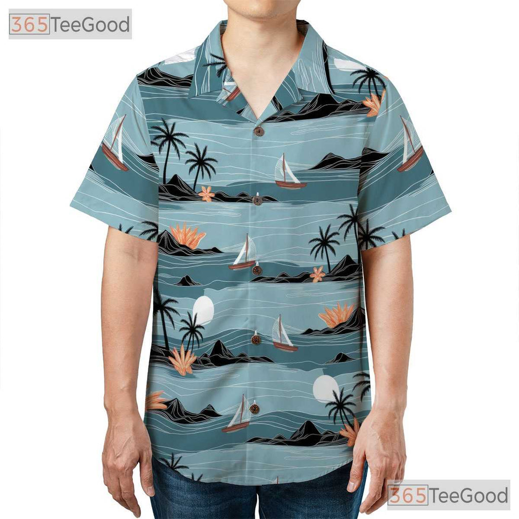 Unisex Watercolor Hawaiian Shirt- Tropical Beach Palm Tree Sunset Floral Tee