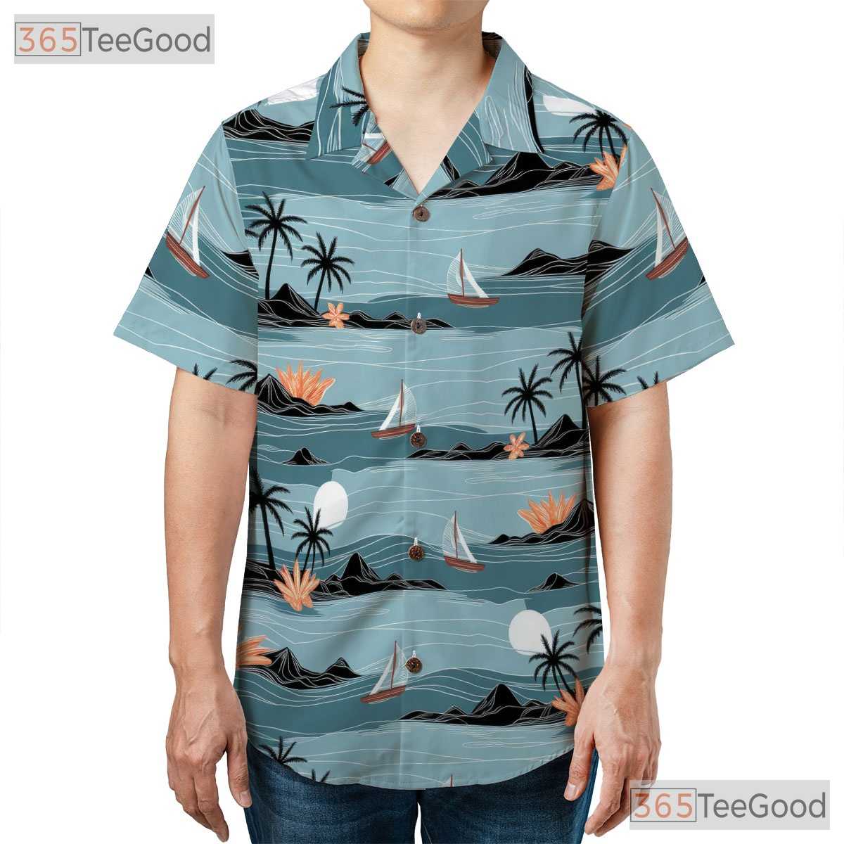 Unisex Watercolor Hawaiian Shirt- Tropical Beach Palm Tree Sunset Floral Tee