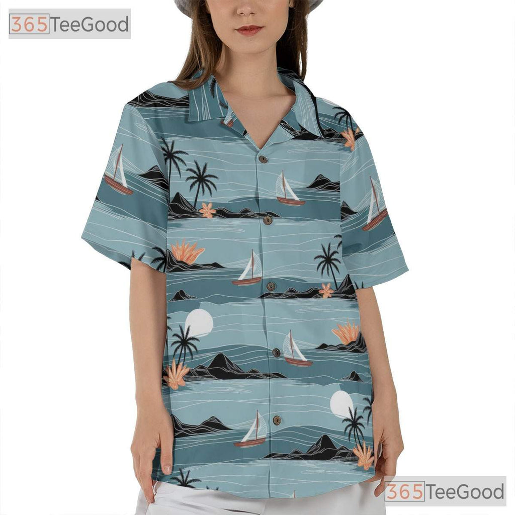 Unisex Watercolor Hawaiian Shirt- Tropical Beach Palm Tree Sunset Floral Tee