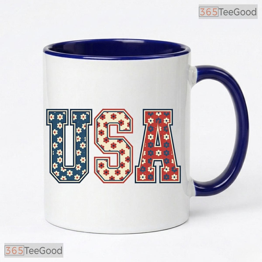 USA Floral 250th Anniversary Independence Day Colorful Handle Ceramic Accent Coffee Mug