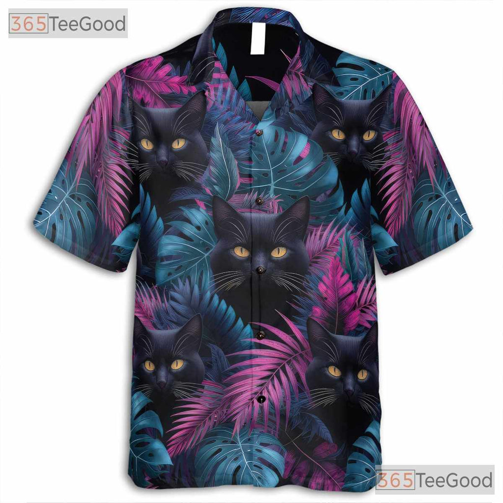Vaporwave Cat Bright Tropical Leaf Hawaiian Tee Unisex Beach Vacation Top