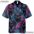 Vaporwave Cat Bright Tropical Leaf Hawaiian Tee Unisex Beach Vacation Top