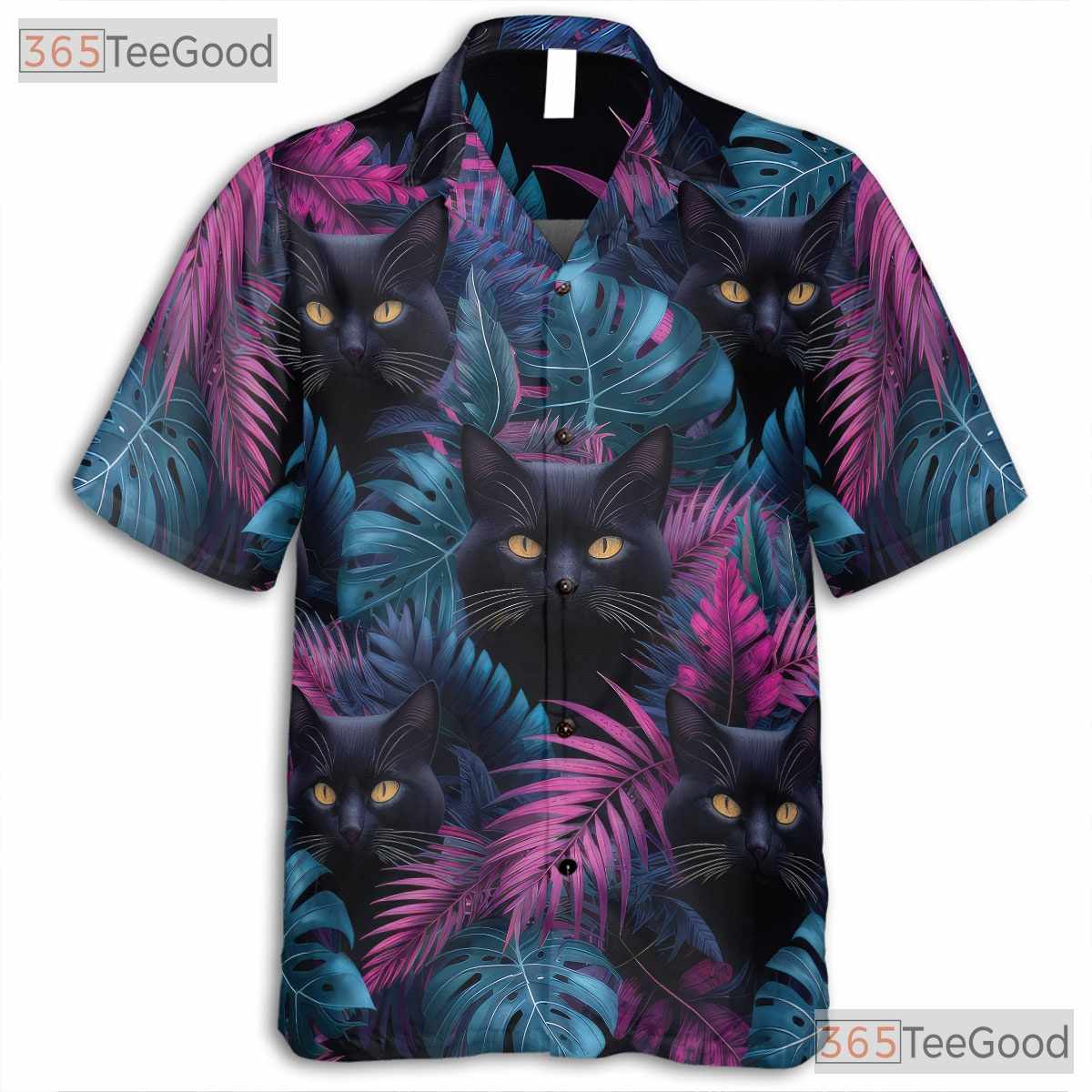 Vaporwave Cat Bright Tropical Leaf Hawaiian Tee Unisex Beach Vacation Top
