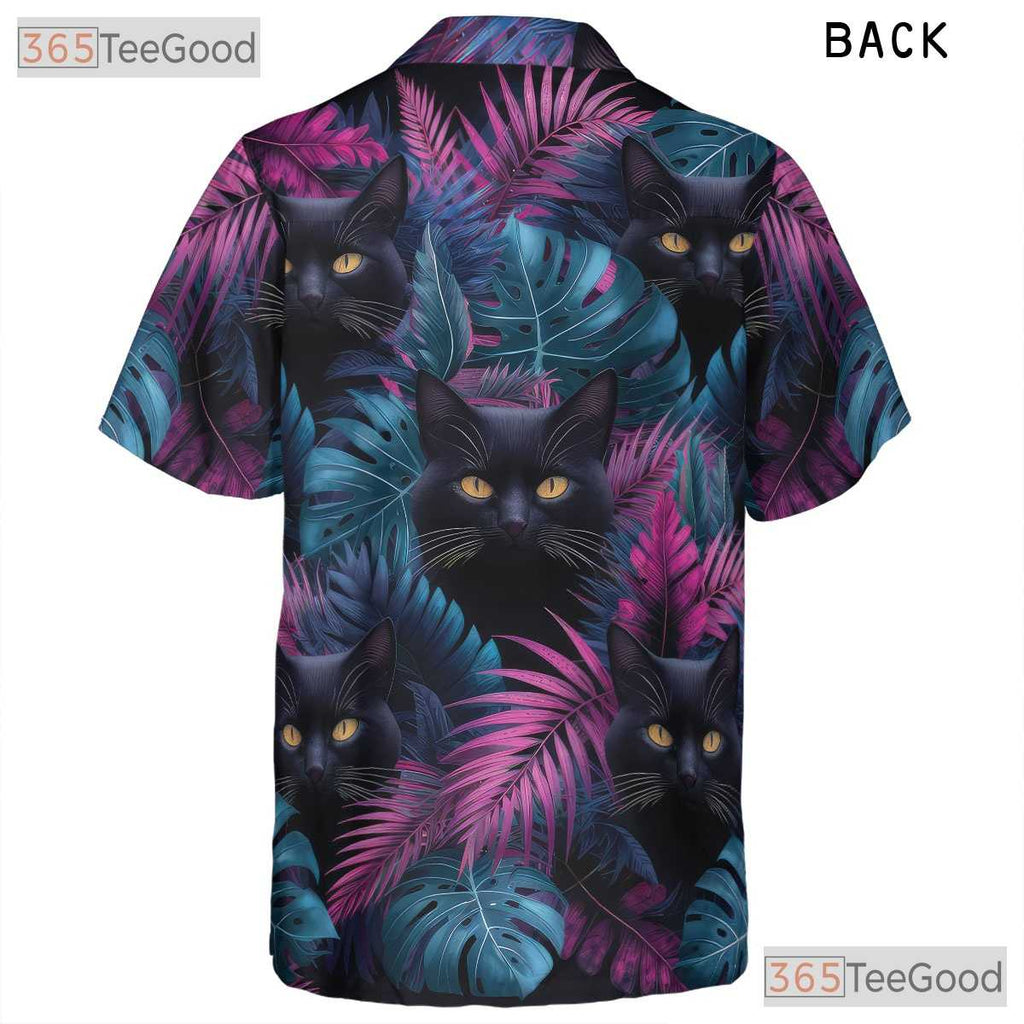 Vaporwave Cat Bright Tropical Leaf Hawaiian Tee Unisex Beach Vacation Top
