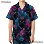 Vaporwave Cat Bright Tropical Leaf Hawaiian Tee Unisex Beach Vacation Top