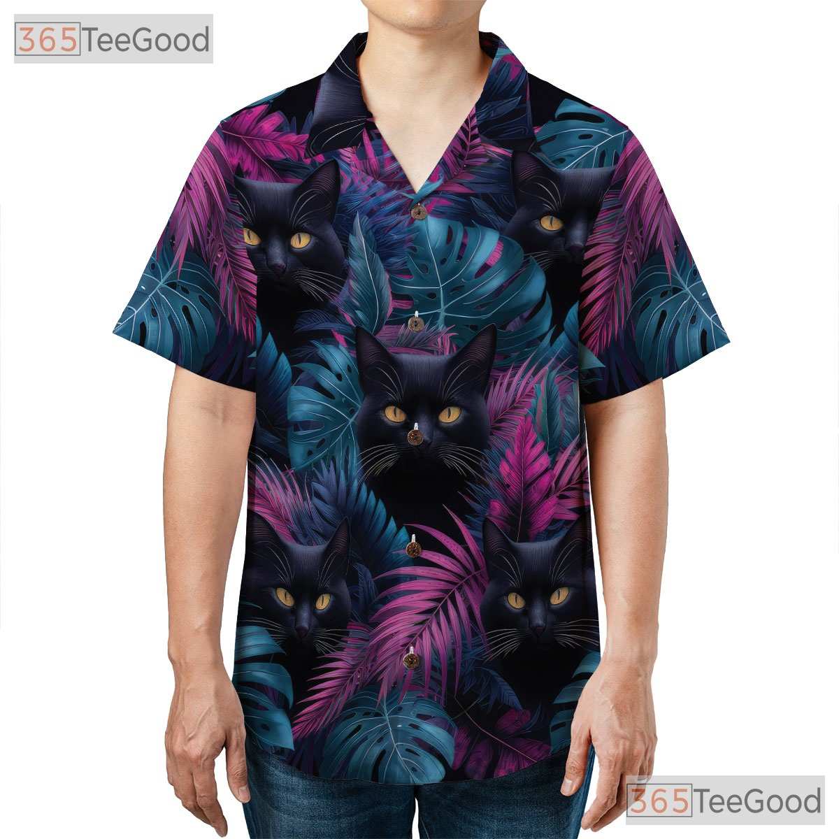 Vaporwave Cat Bright Tropical Leaf Hawaiian Tee Unisex Beach Vacation Top