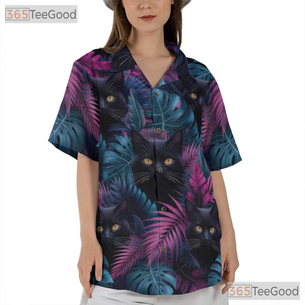 Vaporwave Cat Bright Tropical Leaf Hawaiian Tee Unisex Beach Vacation Top