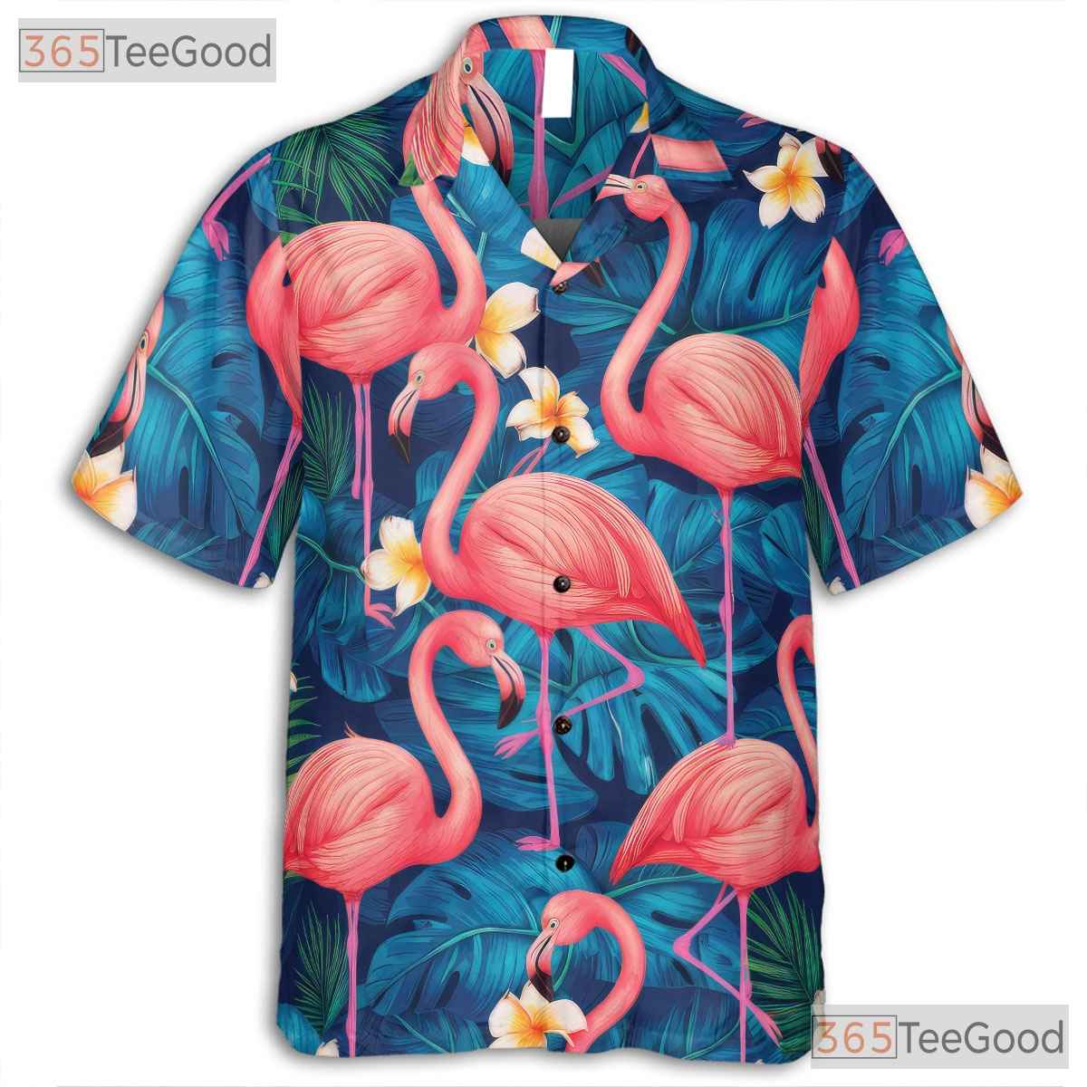 Vibrant Blue Tropical Flamingo Aloha Hawaiian Tee Men Women Vacation Outfit