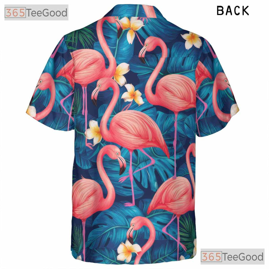 Vibrant Blue Tropical Flamingo Aloha Hawaiian Tee Men Women Vacation Outfit