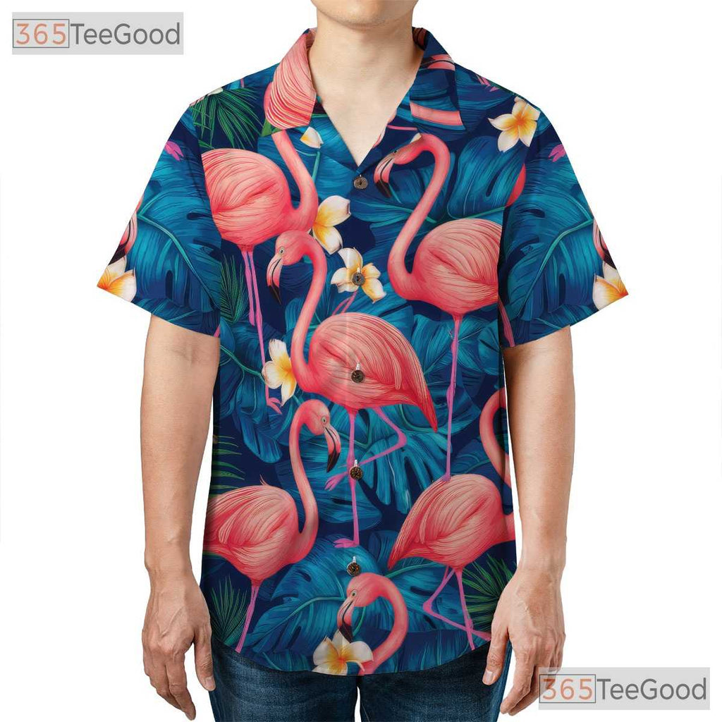 Vibrant Blue Tropical Flamingo Aloha Hawaiian Tee Men Women Vacation Outfit