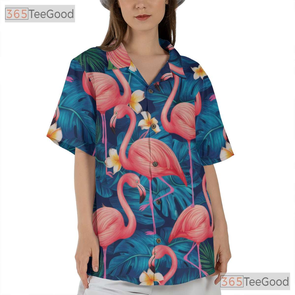 Vibrant Blue Tropical Flamingo Aloha Hawaiian Tee Men Women Vacation Outfit