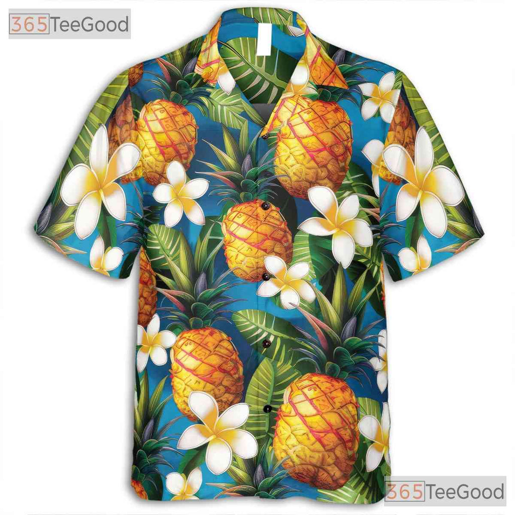 Vibrant Blue Tropical Pineapple Aloha Print Hawaiian Tee Unisex Summer Outfit