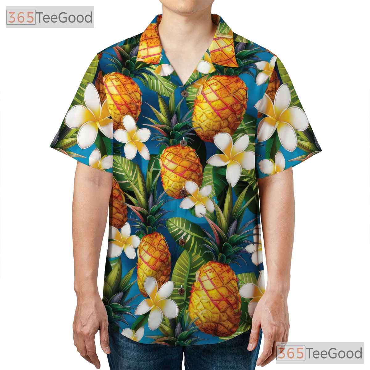 Vibrant Blue Tropical Pineapple Aloha Print Hawaiian Tee Unisex Summer Outfit