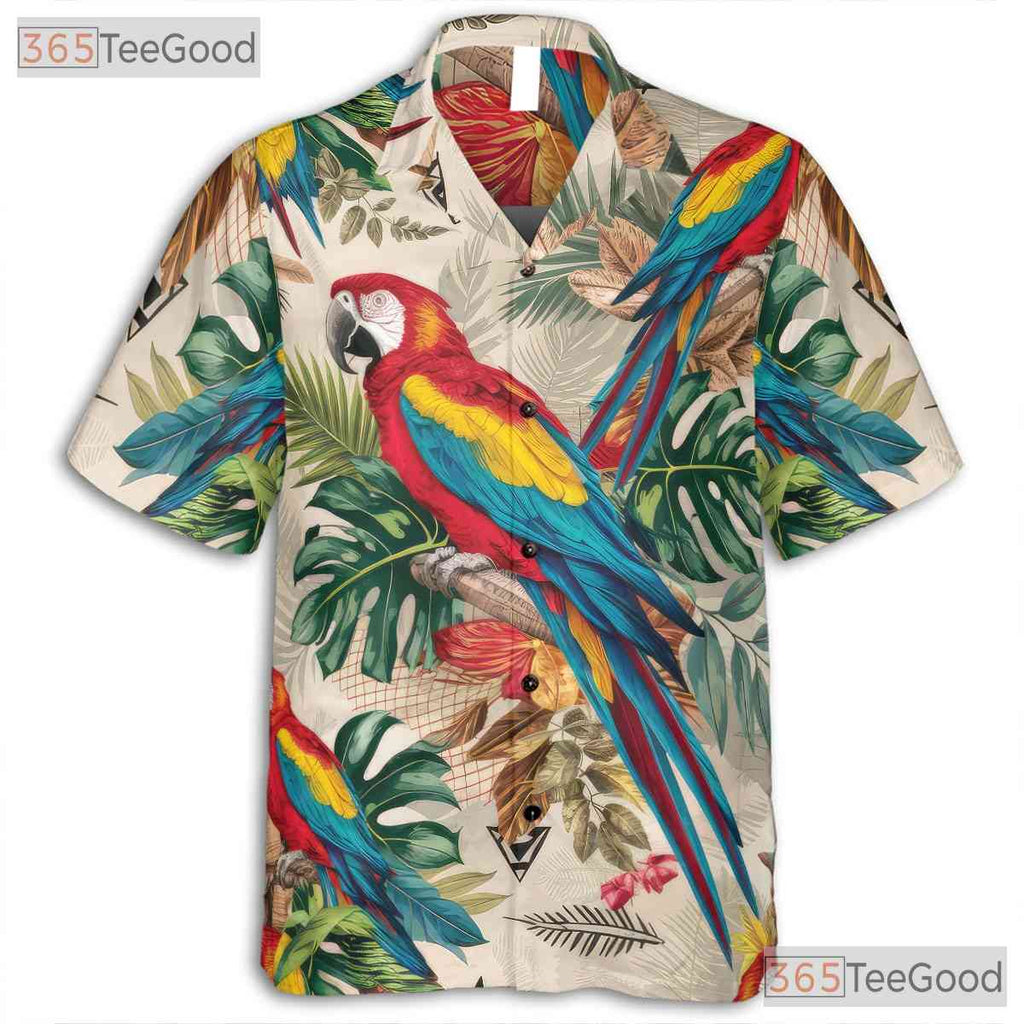 Vibrant Macaw Parrot Tropical Leaves Hawaiian Shirt Men Women Summer Beach Outfit