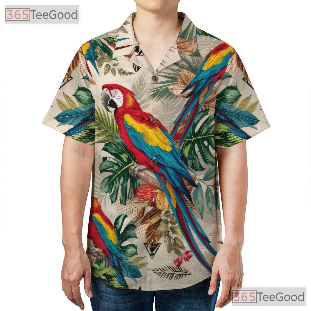 Vibrant Macaw Parrot Tropical Leaves Hawaiian Shirt Men Women Summer Beach Outfit