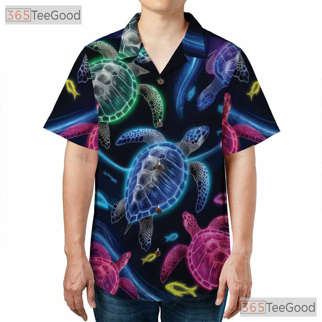 Vibrant Neon Ocean Sea Turtle Aloha Hawaiian Shirt Unisex Summer Beachwear Top