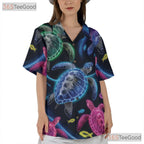 Vibrant Neon Ocean Sea Turtle Aloha Hawaiian Shirt Unisex Summer Beachwear Top