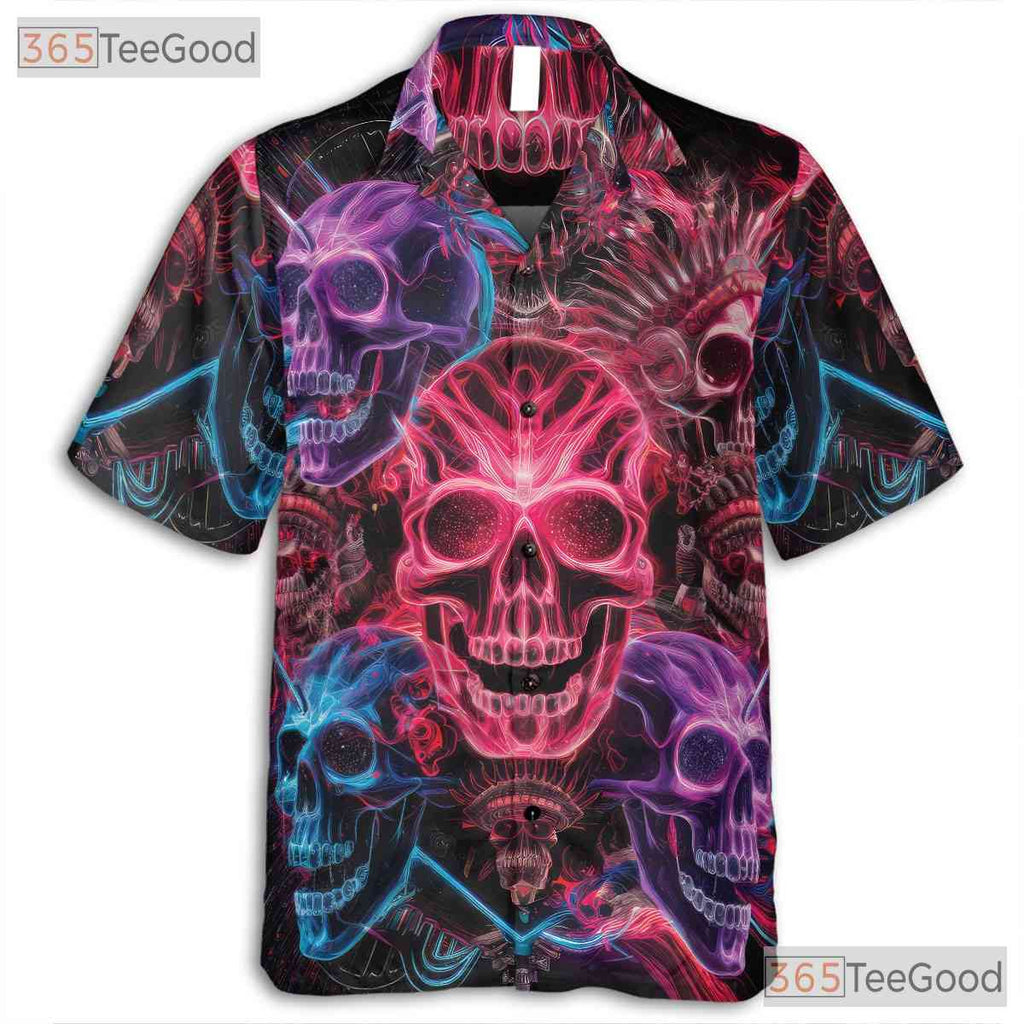 Vibrant Neon Skull Gothic Hawaiian Shirt Men Women, Trippy Aloha Top
