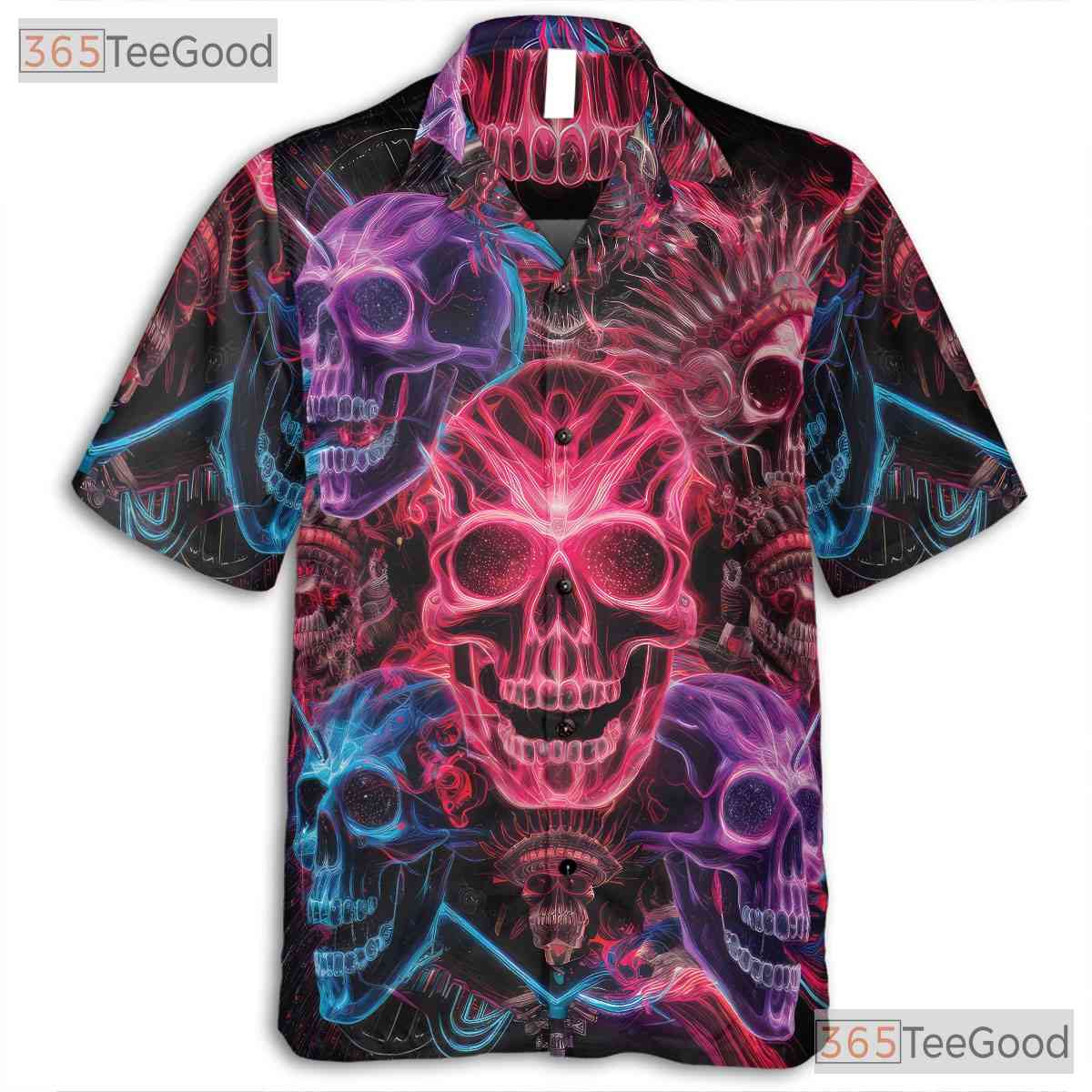 Vibrant Neon Skull Gothic Hawaiian Shirt Men Women, Trippy Aloha Top