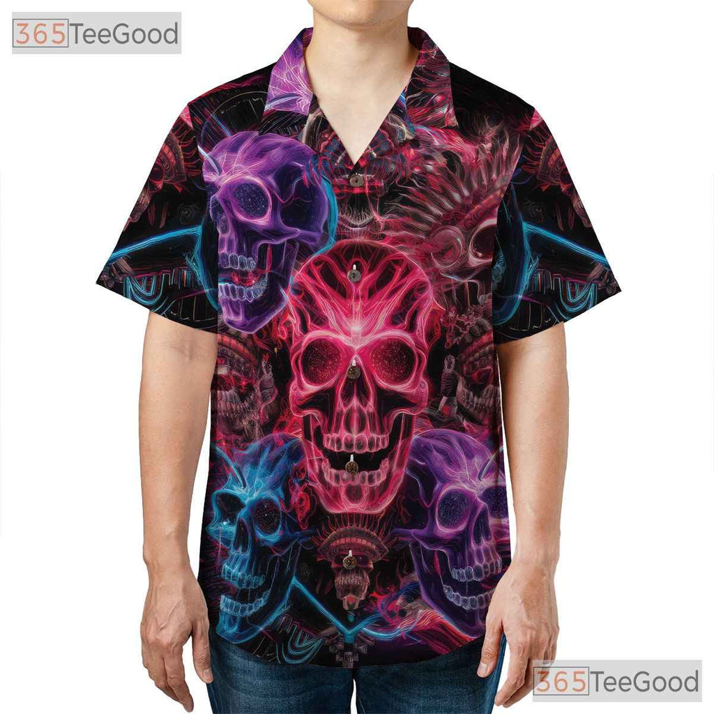 Vibrant Neon Skull Gothic Hawaiian Shirt Men Women, Trippy Aloha Top