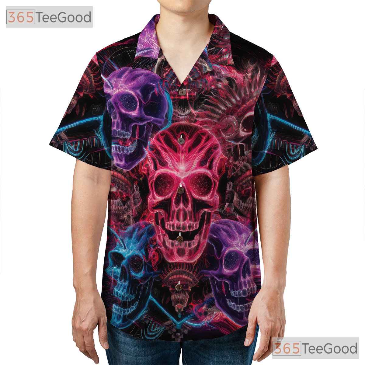 Vibrant Neon Skull Gothic Hawaiian Shirt Men Women, Trippy Aloha Top