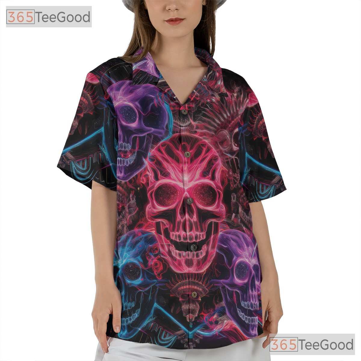 Vibrant Neon Skull Gothic Hawaiian Shirt Men Women, Trippy Aloha Top
