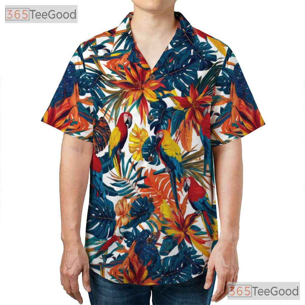 Vibrant Parrot Tropical Leaves Colorful Beachwear Hawaiian Shirt Unisex Outfit