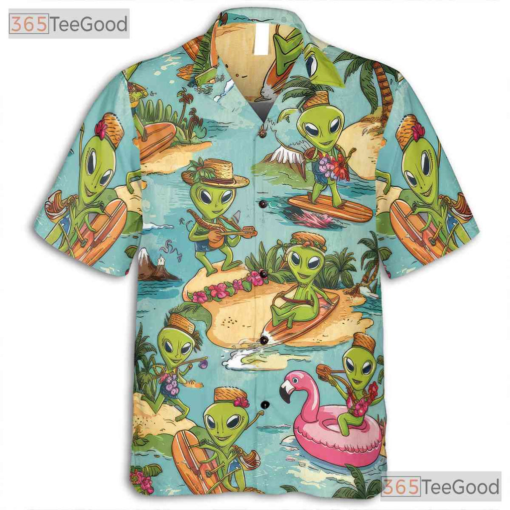 Vintage Alien UFO Hawaiian Shirt - Unisex Sci-Fi Surfer Tropical Hula Tee