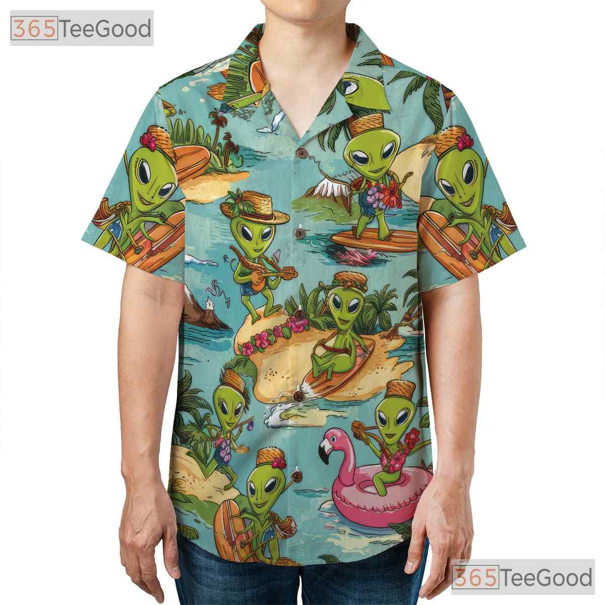 Vintage Alien UFO Hawaiian Shirt - Unisex Sci-Fi Surfer Tropical Hula Tee