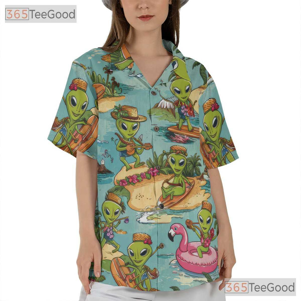 Vintage Alien UFO Hawaiian Shirt - Unisex Sci-Fi Surfer Tropical Hula Tee