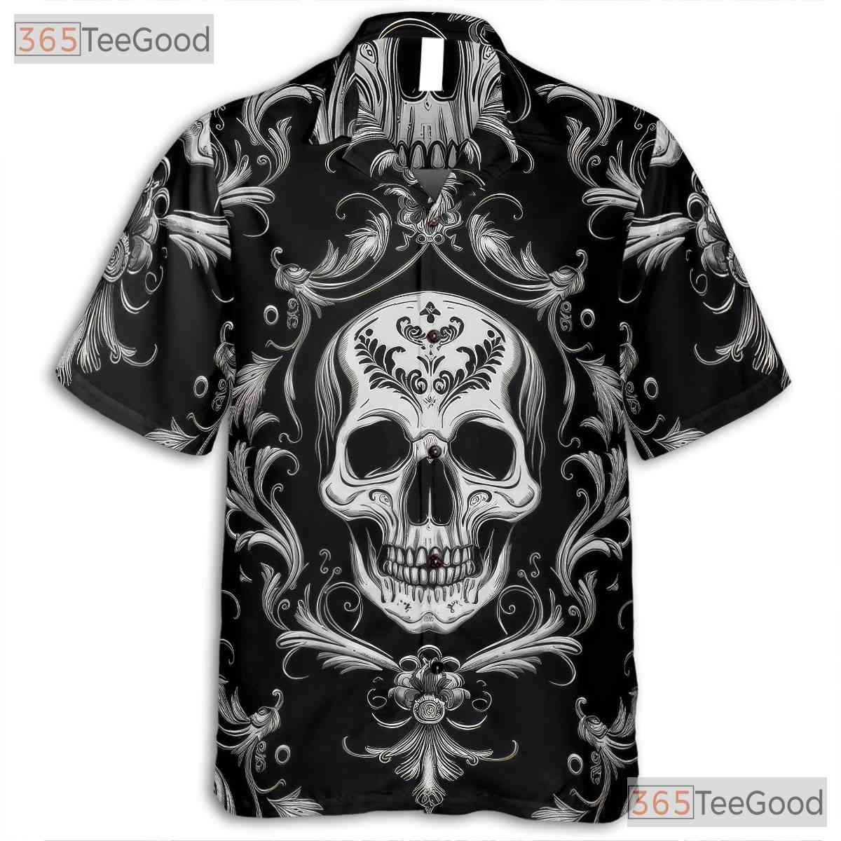 Vintage Baroque Skull Hawaiian Tee - Women's Dark Gothic Damask Aesthetic