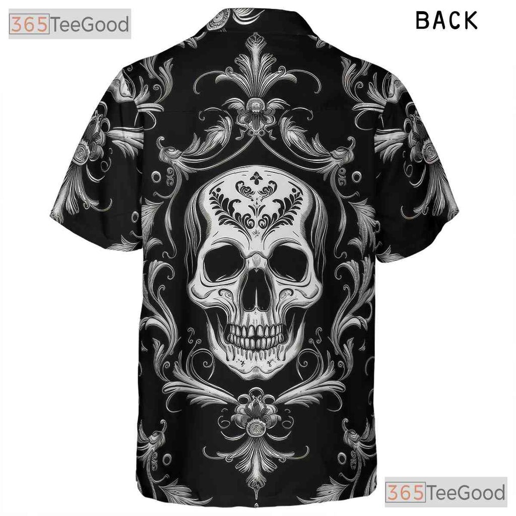 Vintage Baroque Skull Hawaiian Tee - Women's Dark Gothic Damask Aesthetic