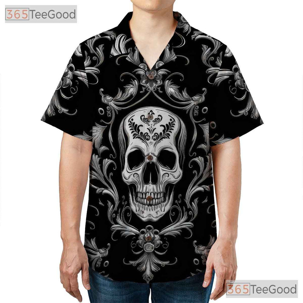 Vintage Baroque Skull Hawaiian Tee - Women's Dark Gothic Damask Aesthetic