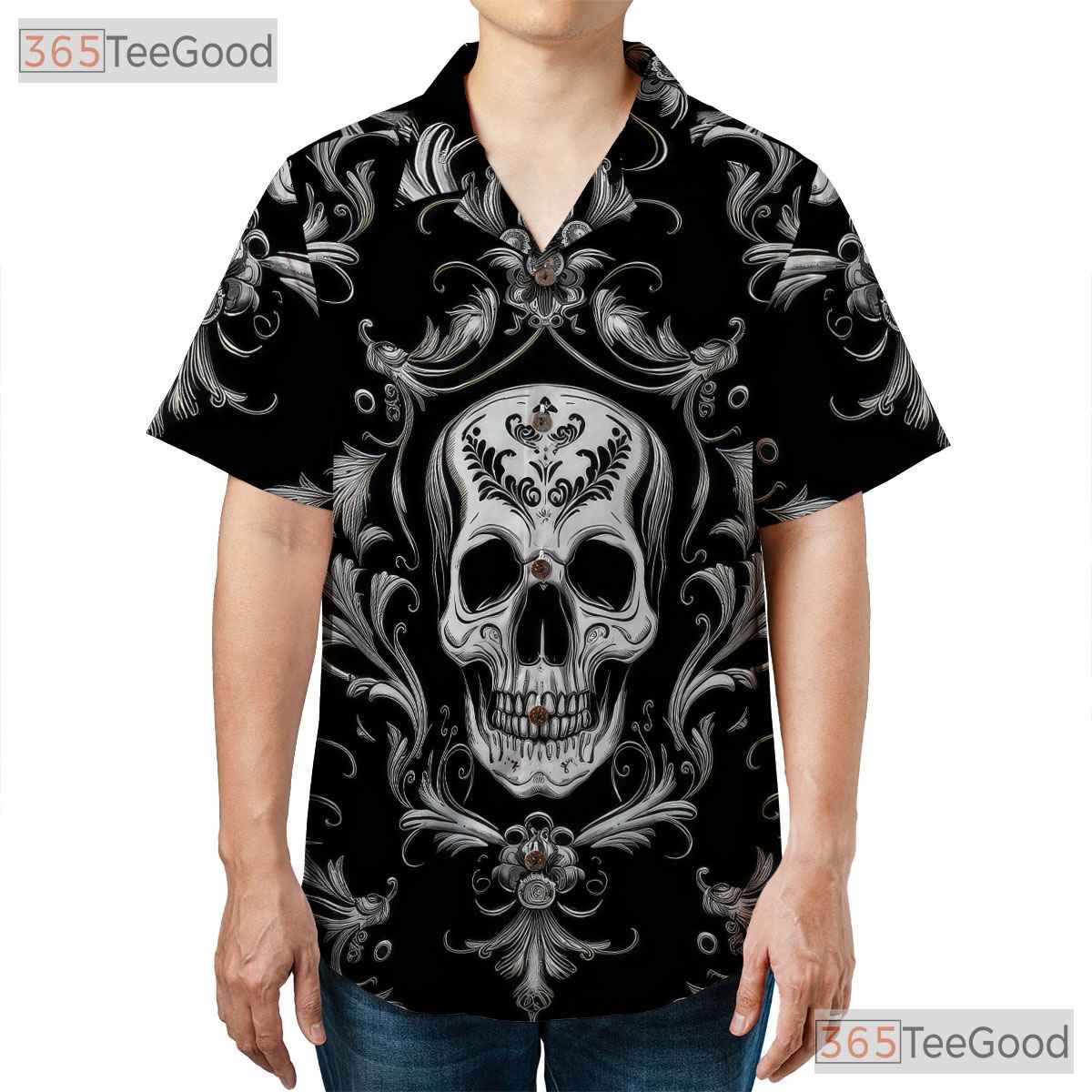 Vintage Baroque Skull Hawaiian Tee - Women's Dark Gothic Damask Aesthetic