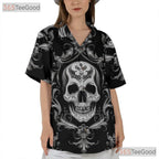 Vintage Baroque Skull Hawaiian Tee - Women's Dark Gothic Damask Aesthetic