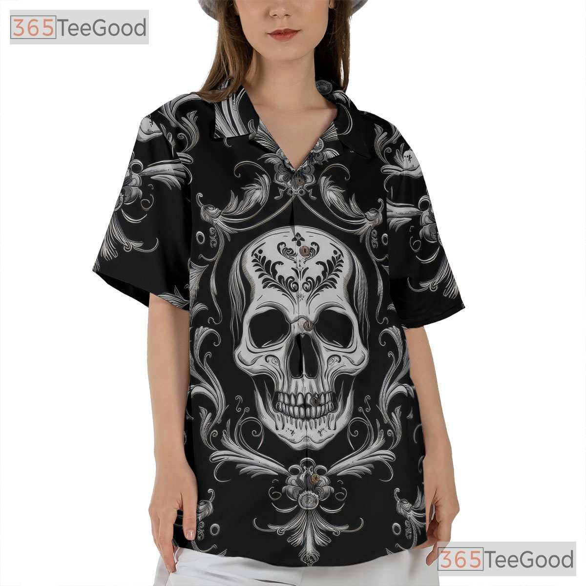 Vintage Baroque Skull Hawaiian Tee - Women's Dark Gothic Damask Aesthetic