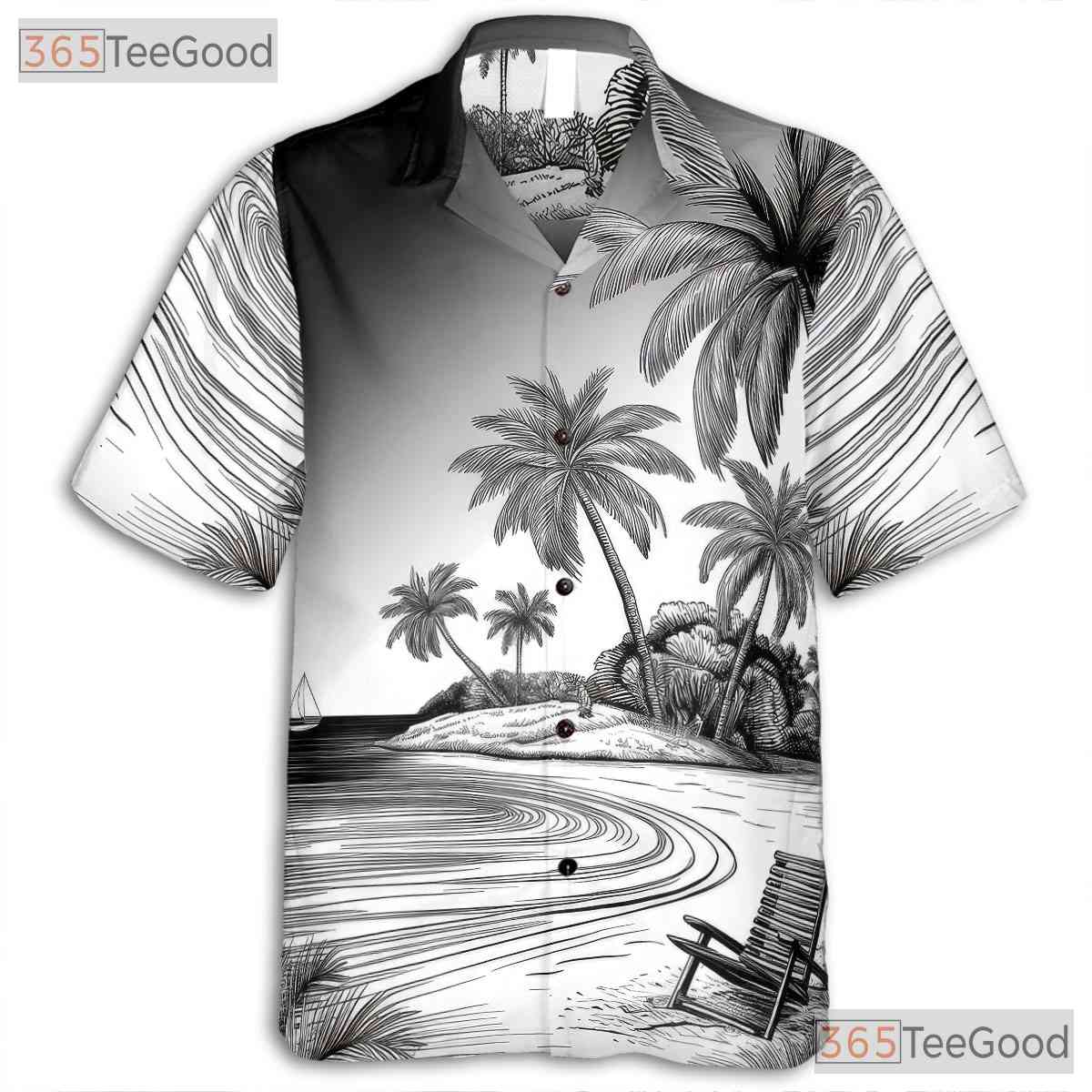 Vintage Black White Palm Tree Ocean Hawaiian Shirt Unisex Summer Beach Top