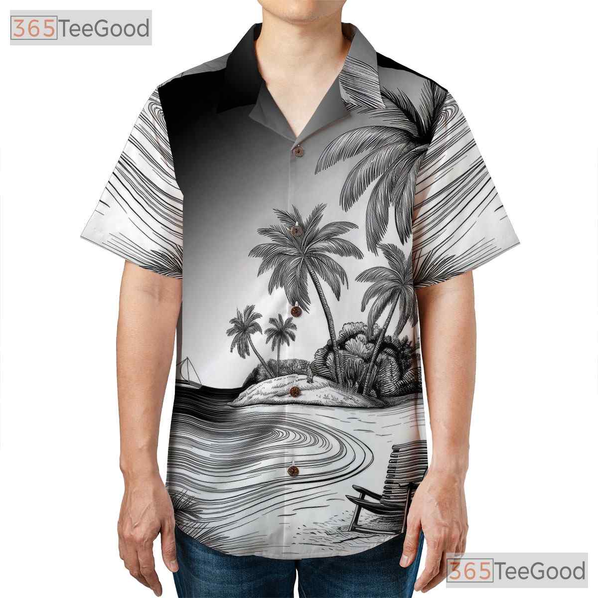Vintage Black White Palm Tree Ocean Hawaiian Shirt Unisex Summer Beach Top